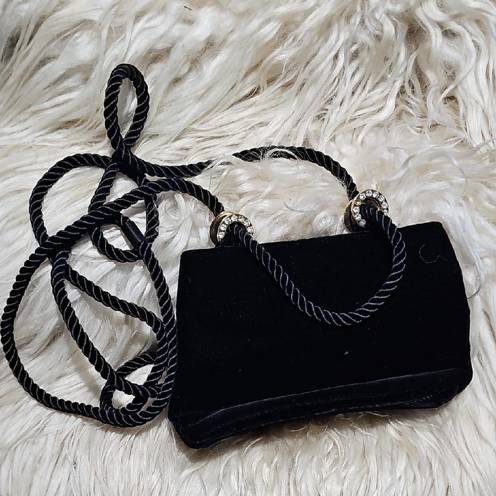 Chic Black Velvet Mini Bag with Rope Handle